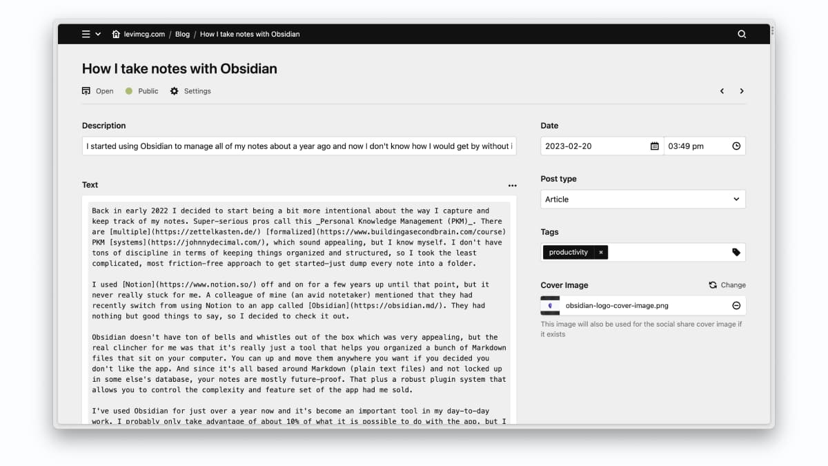 The Kirby admin panel made up of several form fields. It shows a blog post on my site.