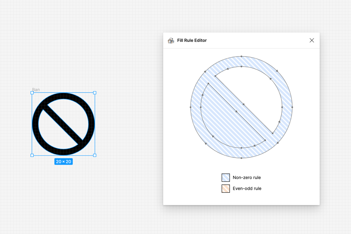 The fill rule editor dialog with controls for converting SVG fill-rules